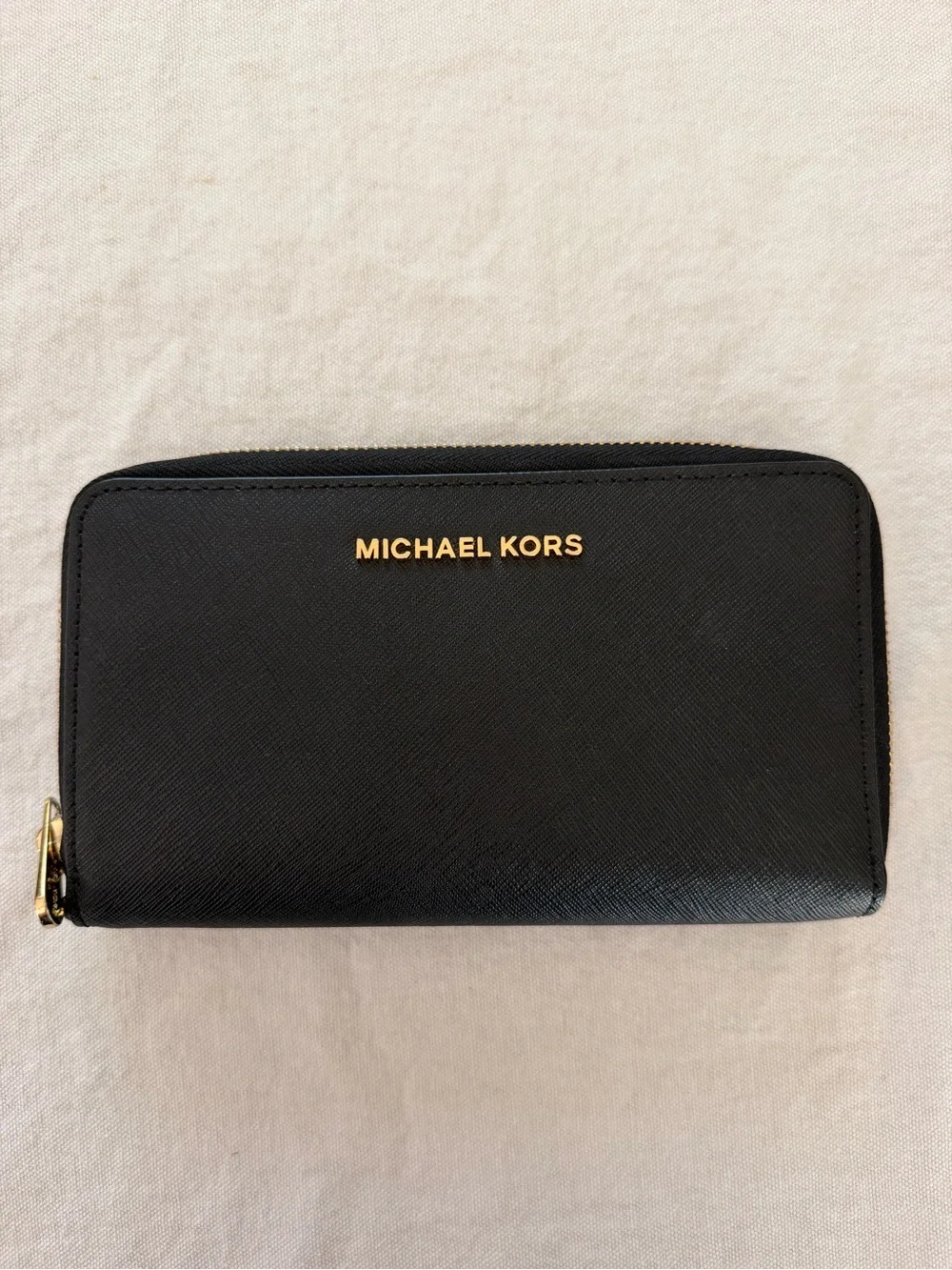 Michael Kors Black Leather Zip Wallet with Gold Logo